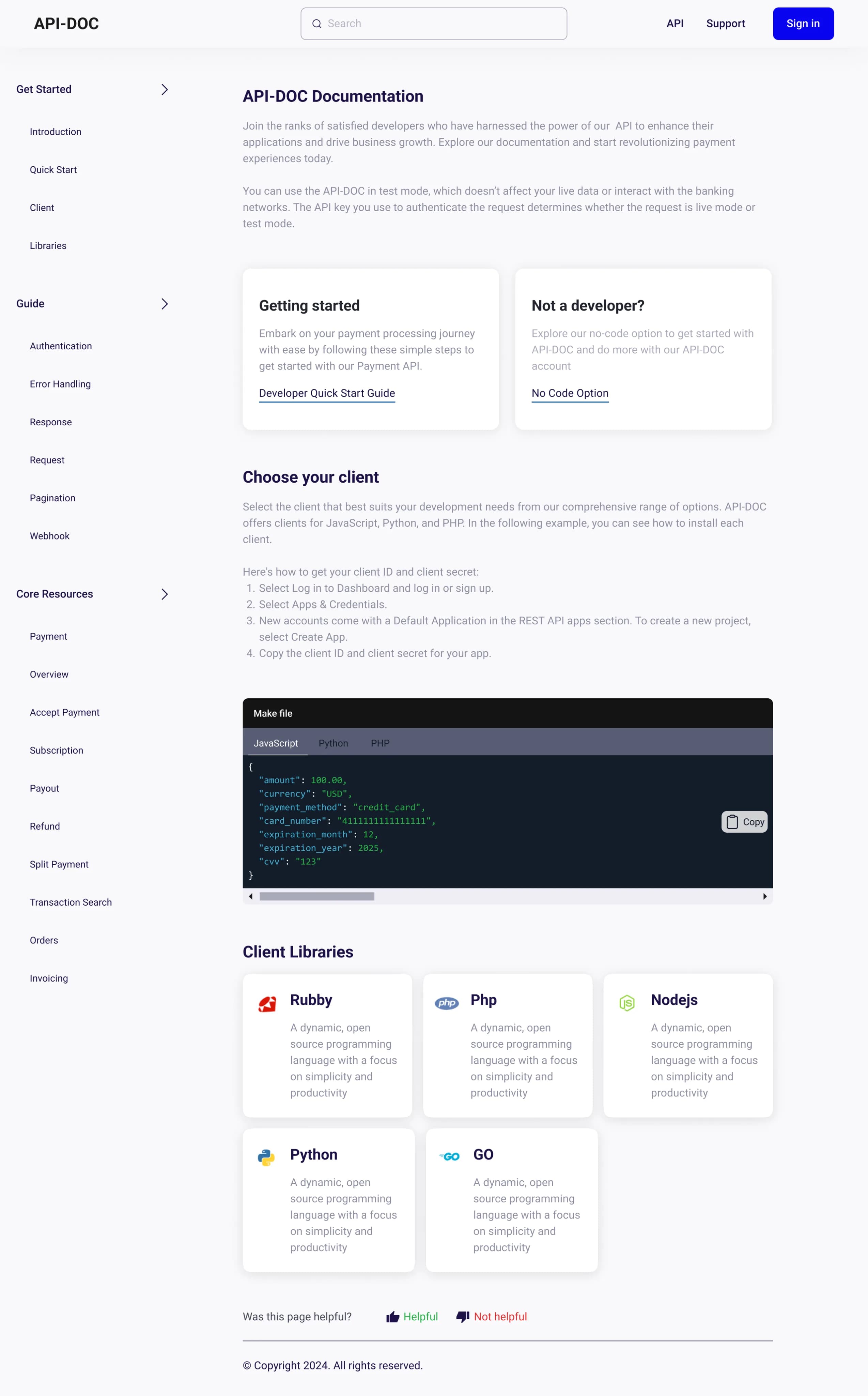API documentation interface preview
