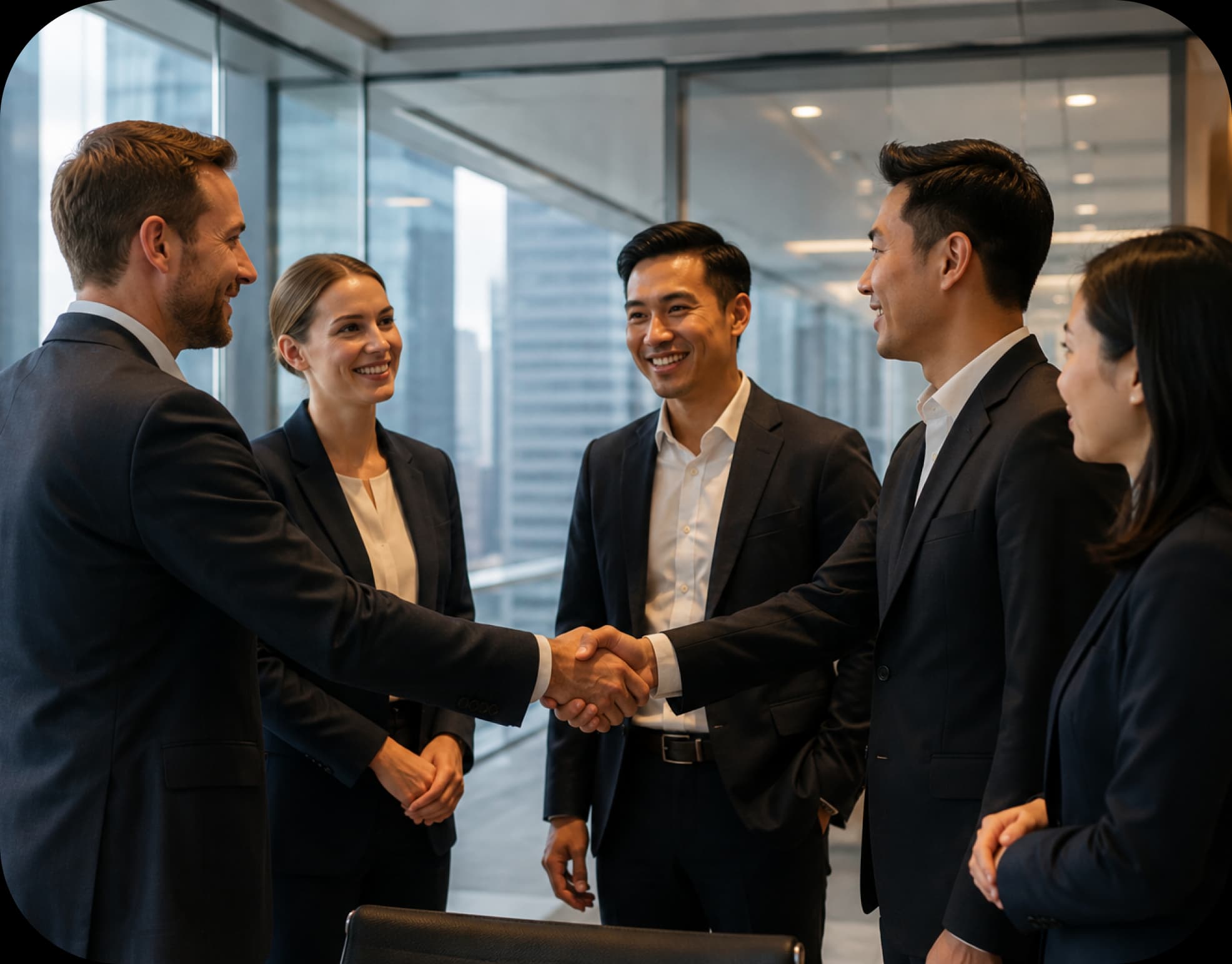 Business professionals shaking hands in a modern office